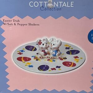 Ceramic Easter Egg Plate with Bunny Rabbit Salt n Pepper Shakers cottontail